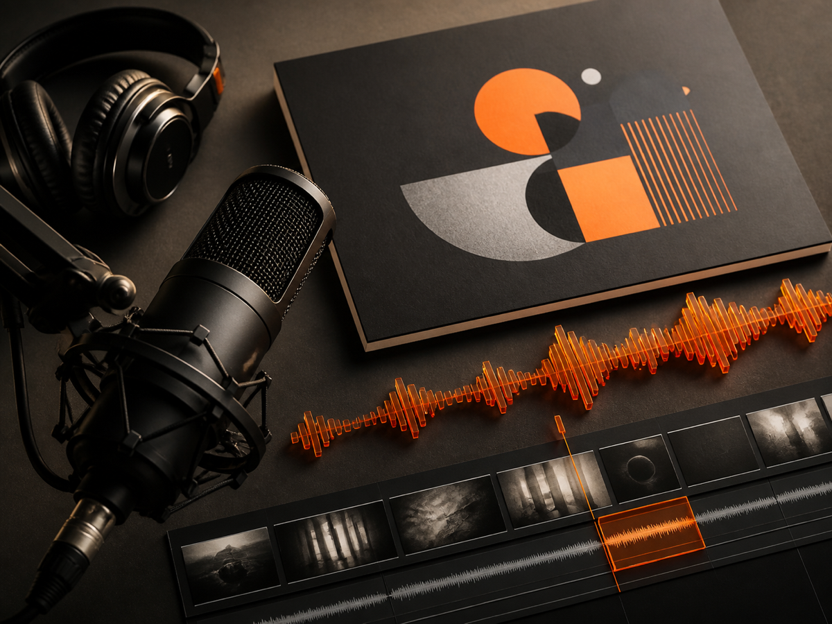 Grok TTS podcast narration being reviewed beside a video timeline, waveform, directed script, and approved audio take